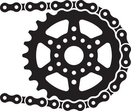 Black and white motorcycle chain drive mechanism with gear sprocket
