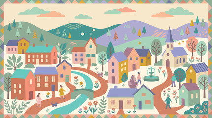 Fototapeta premium Charming village illustration with colorful houses and winding paths.