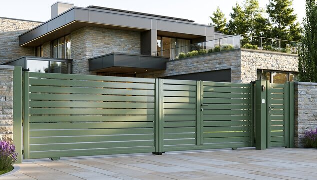 Modern house exterior with green gated fence and patio walkway
