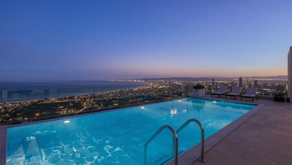 Fototapeta premium Sunset at a Luxury Pool Overlooking a City and Ocean, During Twilight Hours Near a Coastal Area
