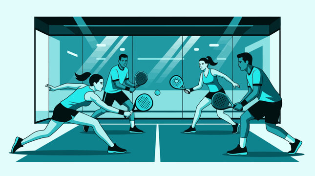 Energetic Tennis Match In Glass Enclosed Court Played By Co-ed Tennis Players