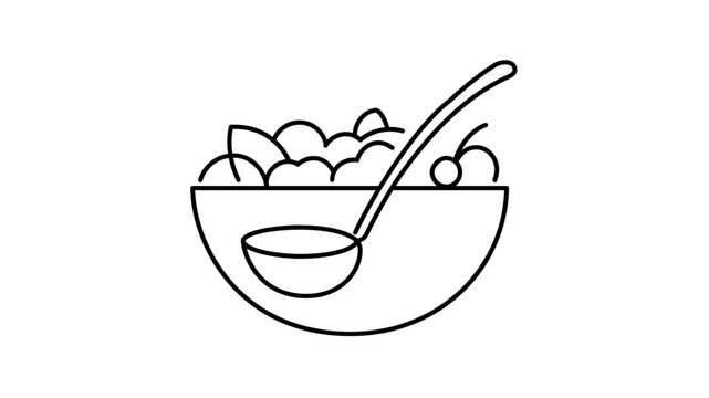 Clean fruit punch bowl vector icon with ladle and rounded fruit pieces, minimalist black outline summer drink illustration for buffet menus, picnic parties, cafes and refreshing beverage graphics