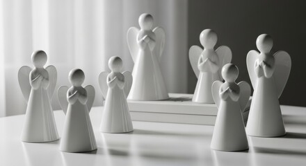 Obraz premium Minimalist white ceramic angel figurines arranged on a table, invoking peace and serenity for subtle home decor.