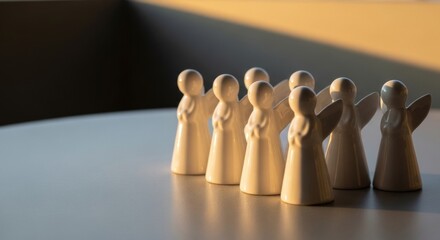 Obraz premium Group of minimalist white ceramic angel figurines on a modern tabletop, backlit by warm golden hour sunlight, offering ample copy space for design.