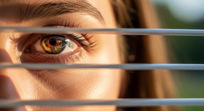 Close-up of hazel eye peering through window blinds in soft afternoon light, suggesting observation and anticipation