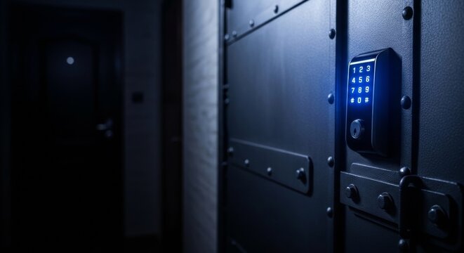 Modern electronic keypad lock on a dark, armored door in a dimly lit corridor, offering advanced security and a sense of protection.