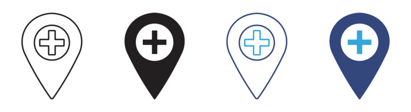 Medical Location Point Icon Set in Outline and Solid Styles for Healthcare Maps and Navigation