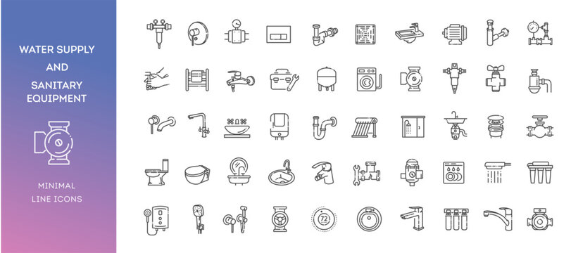 Water supply line icons set, sanitary equipment, bathroom and kitchen fixtures outline collection