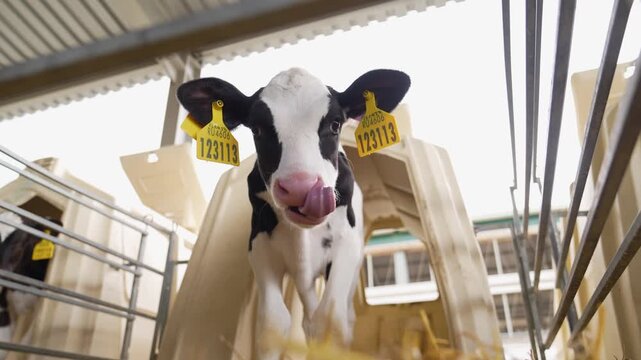 Curious Holstein calf with yellow ear tags looking out from its pen