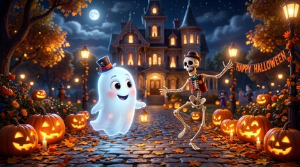 Obraz premium Whimsical halloween scene with ghost and skeleton dancing