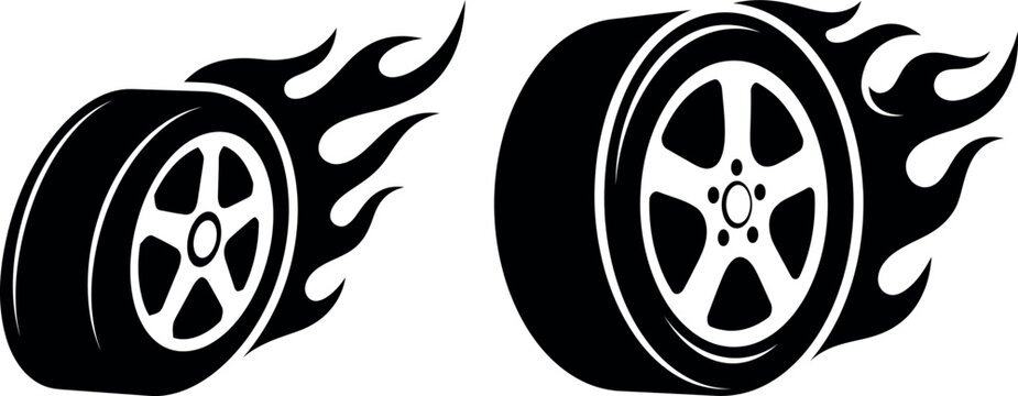 Burning racing car wheels with flames illustration transport performance silhouette