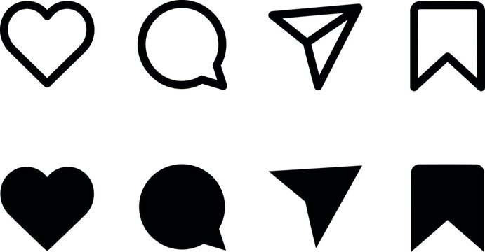 Set of social media interface icons including heart like bubble comment paper plane share and save