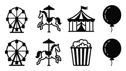 Carnival and amusement park icons set with ferris wheel carousel tent popcorn and balloons carnival amusement carousel silhouette © Velixar Design