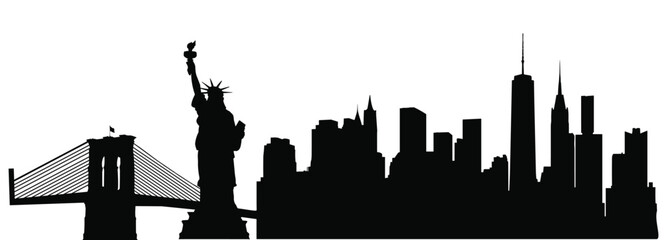 Obraz premium New york city skyline silhouette with statue of liberty and brooklyn bridge silhouette landscape landmark architecture buildings