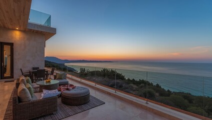 Fototapeta premium Luxury Villa Overlooking the Ocean During Sunset