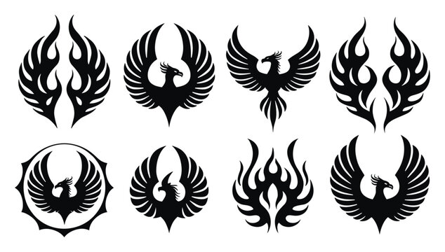 Collection of phoenix bird symbols and fire wing emblems in black silhouette style with mythology silhouette mystical abstract firebird