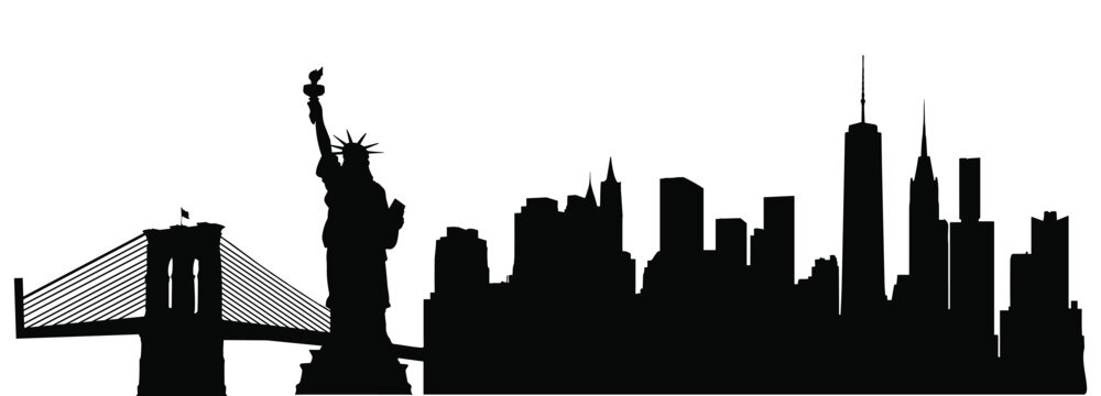 New york city skyline silhouette with statue of liberty and brooklyn bridge silhouette landscape landmark architecture buildings