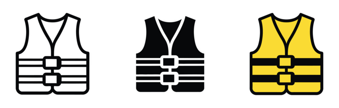 Life jacket icons designed in outline, silhouette, and color variations for aquatic rescue, boating, swimming safety, outdoor recreation, and clean vector illustration.