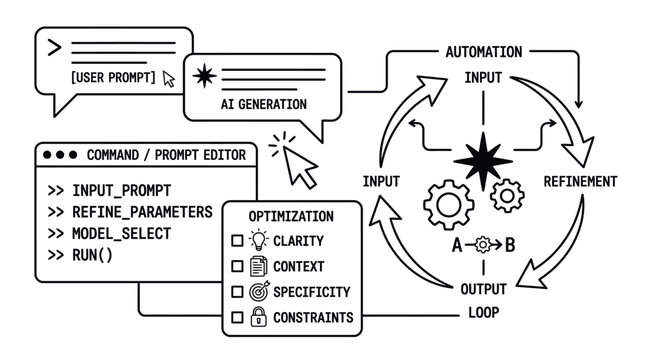 Digital vector illustration showing the iterative workflow process of artificial intelligence prompt engineering optimization and automated machine learning model generation cycles