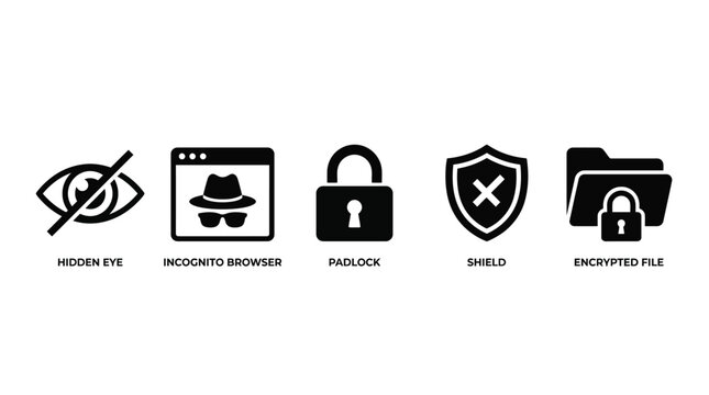 Minimalist vector graphic set showing cybersecurity icons including private browser incognito mode padlock shield and secure encrypted file storage elements