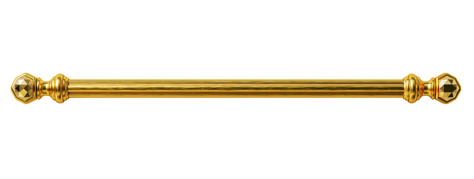 Golden curtain rod with decorative finials on transparent background