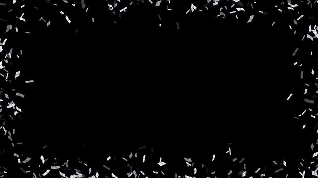 silver metallic confetti border frame particles explosion isolated alpha channel animation, metal birthday party and anniversary celebration video social media overlay motion design element