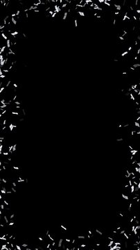 silver metallic confetti border frame particles explosion isolated alpha channel animation, metal birthday party and anniversary celebration video vertical social media overlay motion design element