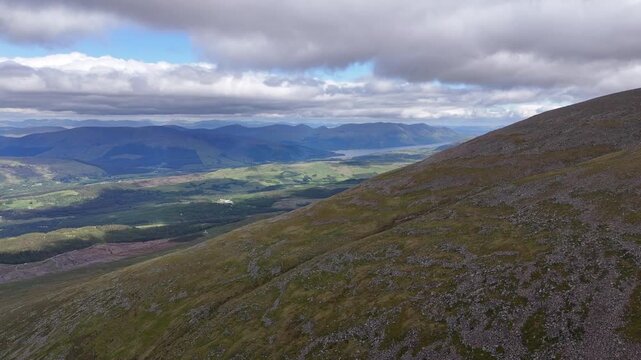Aerial drone pan right shot of CMD route to Ben Nevis in Scotland.