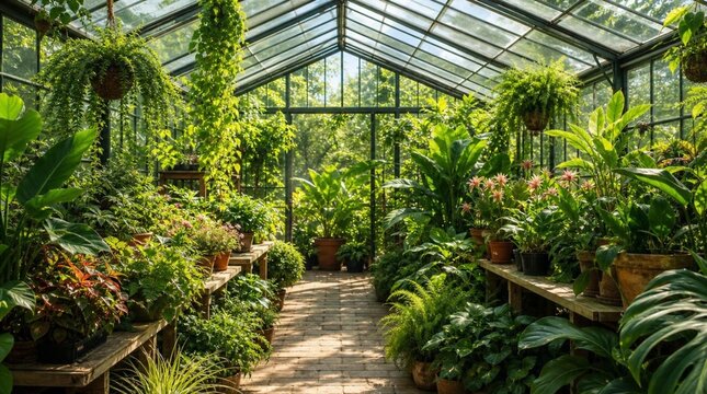 A sunlit glass greenhouse filled with lush potted tropical plants, hanging ferns, and a brick walkway suits gardening, wellness, or eco living campaigns.