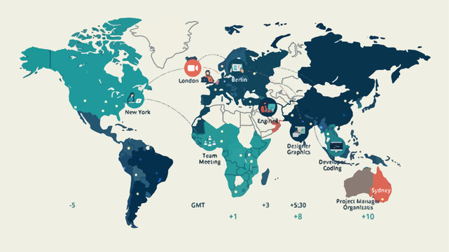 Global Remote Team Time Zone World Map Vector Collaboration Graphic