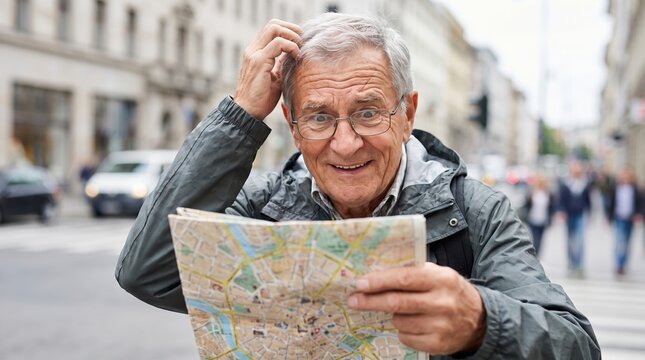 Senior man looks lost holding paper map on city street. He is scratching his head with confused expression. Concept of navigation and travel. Ideal for retirement and tourism content.