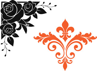 Ornate floral design with roses and decorative orange fleur de lis on white background © Beauti Rani Roy