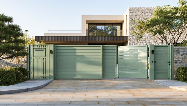 Modern gated courtyard entrance with minimalist design and stone wall