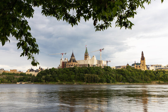 Parliament Hill under construction and Ottawa River