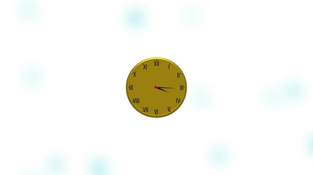Golden analog clock with roman numerals spinning fast on white background, time lapse concept watch