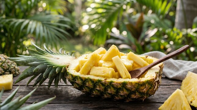 Fresh pineapple chunks served in a hollowed pineapple with a wooden spoon on a rustic table, ideal for tropical food, wellness, or summer menu promotion.