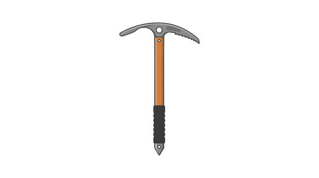 A climber holds an ice axe on a mountain trail in summer.