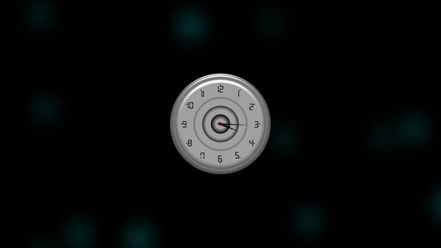Minimalist silver clock face with rotating hands on dark background, for time management, concepts watch
