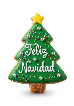 Christmas tree shaped cookie with feliz navidad text and decorations