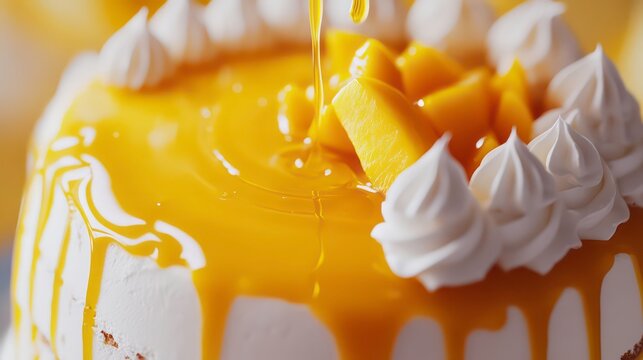 Close-up of mango sauce being poured over a creamy cake decorated with mango pieces and whipped cream.