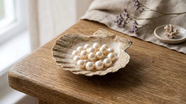 Pearls in a shell bowl on wood.