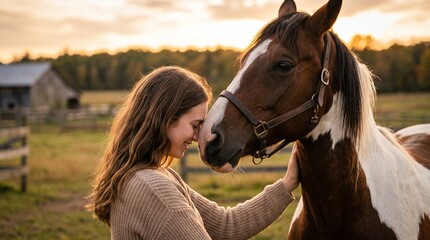 Fototapeta premium Side Profile of Smiling Young Woman Gently Touching Nose with Pinto Horse at Sunset 