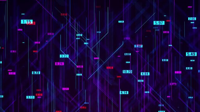 An abstract animation of digital data using neon lines and numeric markers against a dark background. The animation conveys the dynamics of technological development, financial indicators, and big dat
