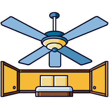 Bedroom interior with ceiling fan cartoon illustration