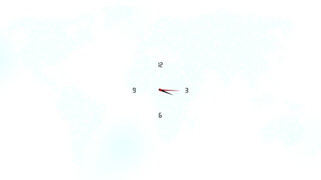 Global time concept: animated map clock with rotating hands for international business and travel communication