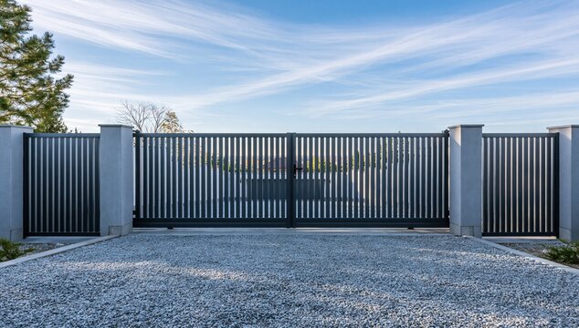 Modern outdoor metal gate with driveway entrance and gravel