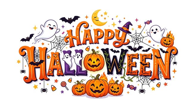 Festive lettering with ghosts pumpkins and stars colorful illustration for autumn celebrations