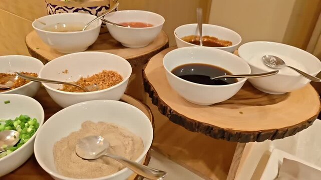 Bowls of chili pepper powder, chopped, peppercorn, and garlic chip condiments and sauces with spoon, Food Flavor Garnishing, Tasty Ingredients, Buffet Feast Service