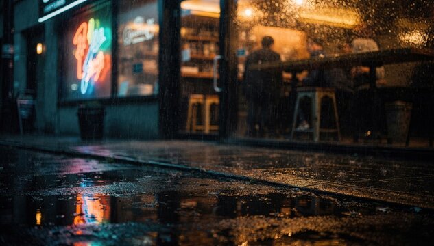 Light drizzle envelops a medium shot of a street bar frontage highlighting wet pavement reflecting neon signage with the bar interior softly blurred behind raindappled glass.