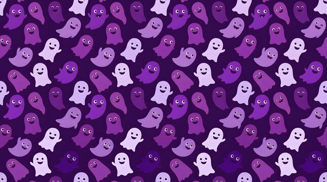 Seamless pattern of cute ghosts in shades of purple on a dark purple background